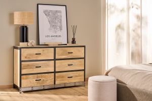Commode industrielle en bois manguier massif et métal noir 6 tiroirs L130 cm INDUSTRIA
