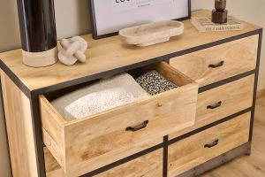 Commode industrielle en bois manguier massif et métal noir 6 tiroirs L130 cm INDUSTRIA