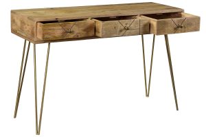 Console avec rangements 3 tiroirs en bois manguier massif gravé et métal doré L120 cm LINIUM