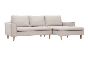 Canapé d'angle droit en tissu effet velours texturé beige et bois clair RAGNAR