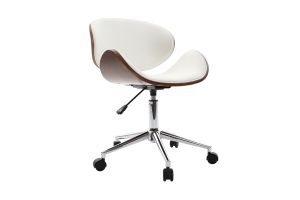 Chaise de bureau à roulettes design blanc, bois foncé noyer et acier chromé WALNUT
