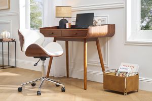 Chaise de bureau à roulettes design blanc, bois foncé noyer et acier chromé WALNUT