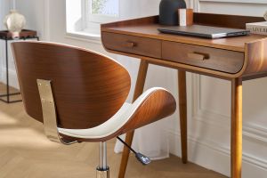 Chaise de bureau à roulettes design blanc, bois foncé noyer et acier chromé WALNUT