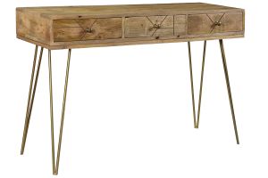 Console avec rangements 3 tiroirs en bois manguier massif gravé et métal doré L120 cm LINIUM
