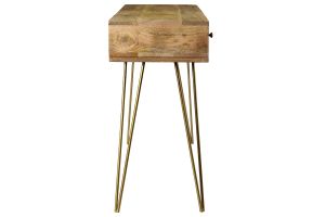 Console avec rangements 3 tiroirs en bois manguier massif gravé et métal doré L120 cm LINIUM