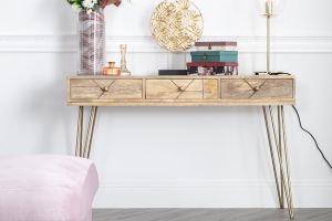 Console avec rangements 3 tiroirs en bois manguier massif gravé et métal doré L120 cm LINIUM