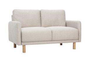 Canapé design 2 places en tissu effet velours texturé beige et bois clair BONO