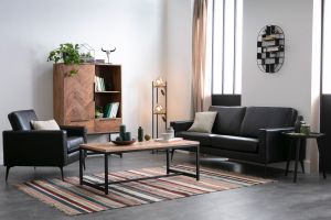 Table basse rectangulaire à motifs chevrons en bois massif et métal noir L120 cm STICK