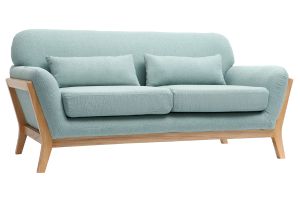 Canapé scandinave 2 places en tissu vert lagon et bois clair YOKO