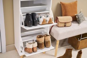 Meuble à chaussures scandinave blanc et bois 3 casiers L47 cm MITRAA