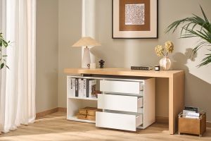 Bureau modulable design blanc brillant et bois clair frêne L160-235 cm NEW MAX