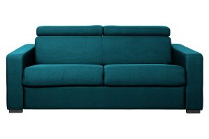 Canapé convertible avec têtières ajustables 3 places en tissu bleu canard avec matelas 12 cm NORO