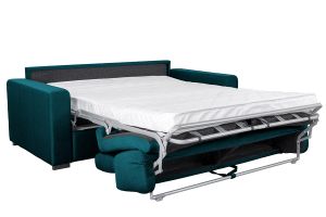 Canapé convertible avec têtières ajustables 3 places en tissu bleu canard avec matelas 12 cm NORO