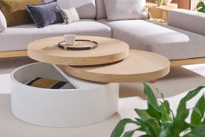 Table basse ronde avec plateaux pivotants et rangement blanc et bois clair chêne D80 cm ICON