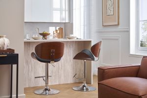 Tabouret de bar design réglable noir, bois foncé et métal chromé WALNUT