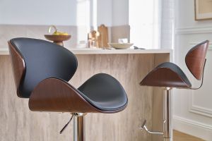 Tabouret de bar design réglable noir, bois foncé et métal chromé WALNUT