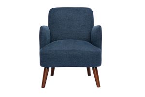 Fauteuil scandinave en tissu effet velours texturé bleu foncé et bois foncé ISKO