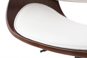 Chaise de bureau à roulettes design blanc, bois foncé noyer et acier chromé BENT
