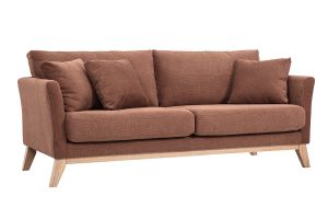 Canapé scandinave déhoussable 3 places en tissu chenille terre brûlée et bois clair OSLO