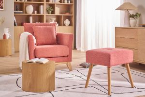 Tabouret bas en tissu effet velours vert kaki et bois clair massif H46 cm GUESTA