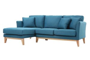 Canapé d'angle gauche scandinave bleu canard déhoussable et bois clair 3-4 places OSLO