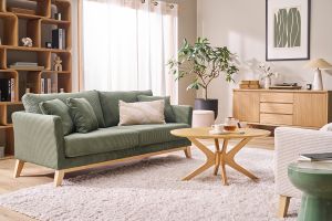 Canapé scandinave déhoussable 3 places en tissu chenille terre brûlée et bois clair OSLO