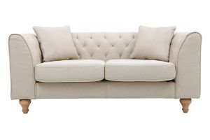 Canapé 2 places capitonné en tissu beige et bois clair MONTAIGNE