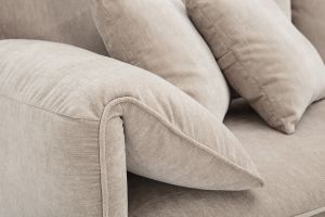 Canapé design 3 places en tissu effet velours taupe et métal noir TANTOR