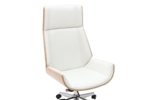 Fauteuil de bureau de direction design blanc, bois clair et acier chromé CURVED