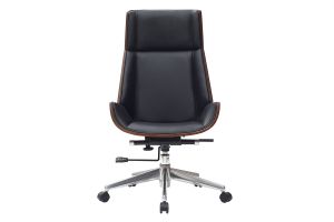 Fauteuil de bureau de direction design noir, bois foncé noyer et acier chromé CURVED