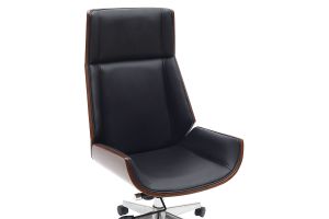 Fauteuil de bureau de direction design noir, bois foncé noyer et acier chromé CURVED