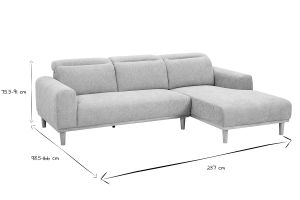 Canapé d'angle droit 3 places avec têtières ajustables en tissu effet velours texturé beige et bois clair HORACIO