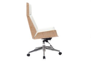 Fauteuil de bureau de direction design blanc, bois clair et acier chromé CURVED