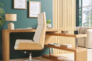 Fauteuil de bureau de direction design blanc, bois clair et acier chromé CURVED