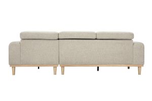 Canapé d'angle droit 3 places avec têtières ajustables en tissu effet velours texturé beige et bois clair HORACIO