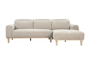 Divano angolare destro 3 posti con poggiatesta regolabili in tessuto effetto velluto testurizzato beige e legno chiaro HORACIO