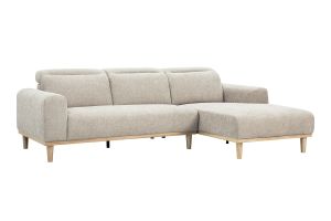 Divano angolare destro 3 posti con poggiatesta regolabili in tessuto effetto velluto testurizzato beige e legno chiaro HORACIO