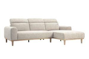 Divano angolare destro 3 posti con poggiatesta regolabili in tessuto effetto velluto testurizzato beige e legno chiaro HORACIO