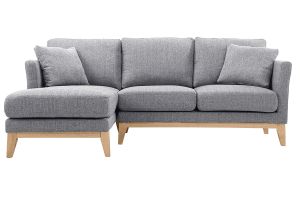 Canapé d'angle gauche déhoussable scandinave 3-4 places en tissu gris clair et bois clair OSLO