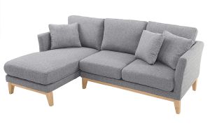 Canapé d'angle gauche déhoussable scandinave 3-4 places en tissu gris clair et bois clair OSLO