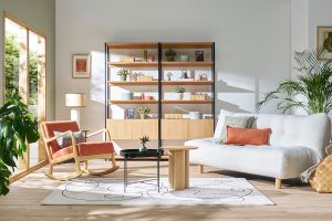 Canapé convertible scandinave 3 places en tissu chenille vert kaki et bois clair YUMI