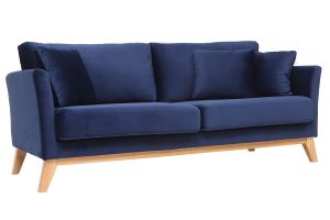 Canapé scandinave déhoussable 3 places en tissu velours bleu nuit et bois clair OSLO