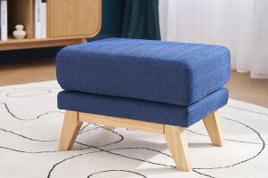 Pouf repose-pieds déhoussable scandinave en tissu bleu foncé et bois clair OSLO