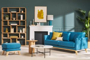 Pouf repose-pieds déhoussable scandinave en tissu bleu canard et bois clair OSLO