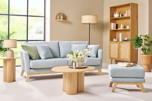 Pouf repose-pieds déhoussable scandinave en tissu vert lagon et bois clair OSLO