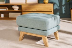 Pouf repose-pieds déhoussable scandinave en tissu vert lagon et bois clair OSLO