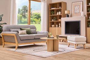 Canapé scandinave 2 places en tissu gris et bois clair YOKO