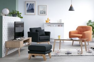 Pouf repose-pieds déhoussable scandinave en tissu gris clair et bois clair OSLO