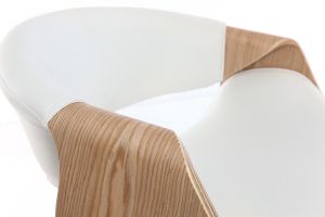 Chaise de bureau à roulettes design blanc, bois clair et acier chromé ARAMIS