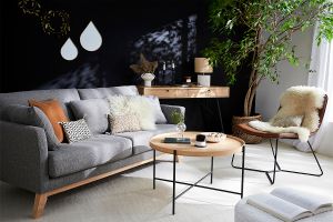 Canapé scandinave déhoussable 3 places en tissu velours bleu nuit et bois clair OSLO